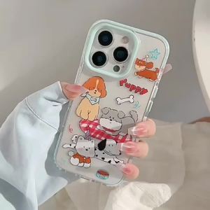 เคสโทรศัพท์สุนัขการ์ตูนสีสันพร้อมสายคล้องสำหรับ iPhone 16 Pro Max 15 14 13 12 11 เคสใสกันกระแทก TPU สีพื้น