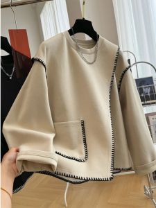 Plus Size Ladies Plus Size Slim Looking European Goods Stylish Fake Two-Piece Long Sleeves Tops Female 150.00kg Fall Loose Slim Fit Sweatshirt 2