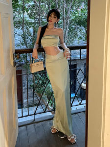 ChiclyNana High Waist Short Crop Top And Skirt Set with Rhinestone And Oblique Strap Fashionable Two-Piece Womens Ensemble