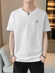 ROMON | Áo thun nam tay ngắn lụa băng mùa hè cổ chữ V in họa tiết phong cách Trung Hoa thường ngày thời trang áo thun thoáng khí