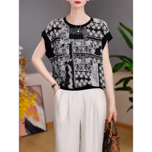 QINGNAER | Design Printed Round Neck Loose Slimming Summer Womens Tops