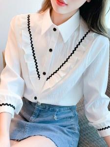 French Seamed Long Sleeve White Shirt Womens Loose Layering Autumn Winter Polo Collar Design Sense Niche Pure Color Polyester