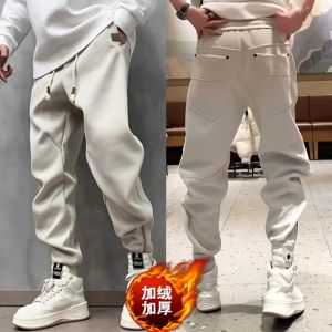 LKT.NINE2723 Mens Trendy Brand Embroidered Fleece Lined Thickened Loose Cuffed Zipper Sports Casual Pants Autumn Winter