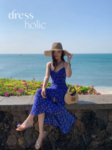 Vacation Style Blue Purple Print Halter Dress French Beach Photo White Enhancing Long Gown Adjustable Shoulder Strap Sundress