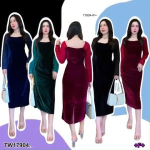 TW17904 เดรสกำมะหยี่สีพื้นแขนยาว