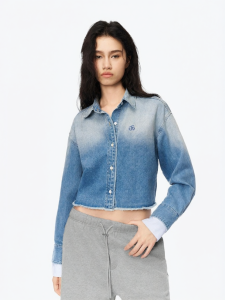 ANN ANDELMAN | Gradual Color Turn-down Collar Patchwork Fake Two-piece Denim Shirt