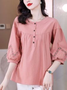 QIAOXIZI | Cotton Linen Womens Shirt Medium Sleeve