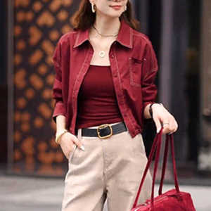 Korean Style Short Pure Color Outerwear Womens Fashion Slim Fit Polo Collar Long Sleeve Autumn New Arrival Versatile Top