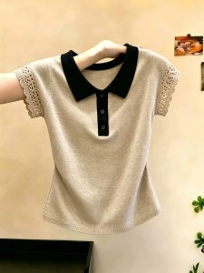 NUMEN BUTTON | Petite Maturity Color Block Collar Knit Short Sleeve Tee