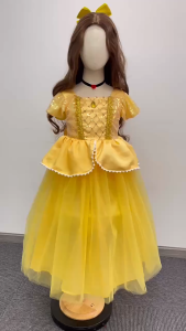  New Princess Cinderella Costume For Girls Yellow Princess Dress For Kids with Puffy Sleeves Birthday Party Halloween Costume Accessories