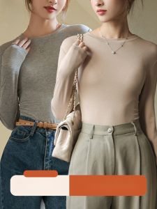 MiiOW | Áo sơ mi Modal màu trơn cổ tròn dài tay ôm vừa vặn cho nữ mùa thu xuân mỏng bên trong áo khoác ngoài