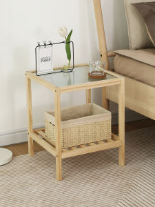 โต๊ะกาแฟทรงสี่เหลี่ยมพื้นกระจกไม้เนื้อแข็งสไตล์ยุโรป ขนาดเล็ก โต๊ะนอน ห้องนั่งเล่น โต๊ะรองโซฟา โต๊ะกาแฟแบบเรียบง่าย