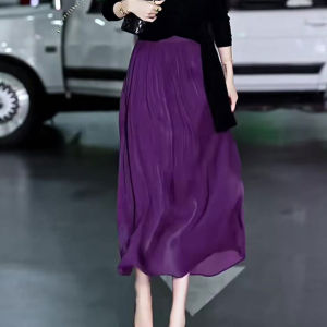 Purple High Waist A-Line Skirt Womens Spring Summer New Style Slimming Fashion Loose Versatile Pleated Skirt Commute Style