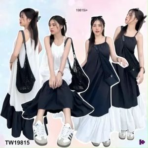 B19815 เดรสสายเดี่ยวยาวสีทูโทน Two-tone long one-piece dress