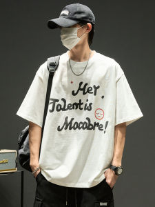 Mens Short Sleeve T-Shirt Retro Wine Red Foam Letter Heavyweight Pure Cotton Casual American Style Half Sleeve Breathable round Neck