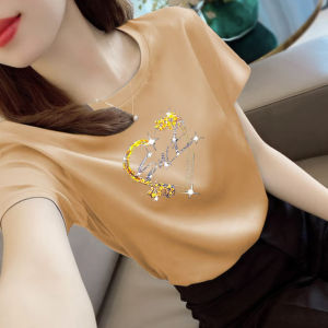 Gold-Embellished Diamond Shoulder High-End Feeling Hangzhou Top Brand Silk Short Sleeve T-Shirt for Women Summer Ice Silk Top