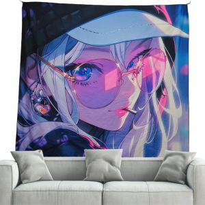 VIKAMA Cyberpunk Anime Tapestry Neon Purple Hair Girl With a Cigarette Cool Wind Living Room Futuristic Trend Decoration