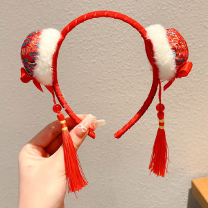 New Year Atmosphere Childrens Headwear Red Ball Tassel Hairband Girls Non-Choking Hair Clip Fashionable Korean Style