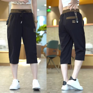 Ice Silk Seven-Quarter Shorts Womens Thin Quick Dry Embroidered Sport Pants plus Size Casual Straight Leg High Waist