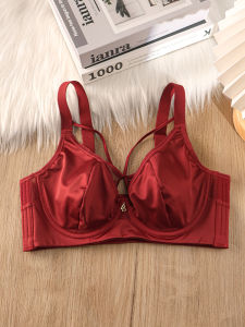 Red Zodiac Year Thin Adjustable Womens Underwear Soft Steel Ring Auxiliary Breast Reduction Anti-Sagging Bra Set V-Neck 3/4 Cup