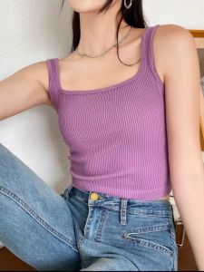 เสื้อกั๊กสายเดี่ยวแบบมีแผ่นรองหน้าอกสำหรับผู้หญิง คอเหลี่ยม สายกว้าง ดีไซน์เก๋ไก๋ เสื้อผ้าทำงานสไตล์เกาหลี ฤดูใบไม้ผลิ 2024