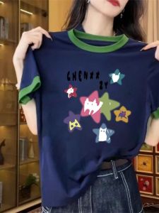 Street Style Loose Fit Short Sleeve round Neck T-Shirt Womens Patchwork Slimming Print Top Trendy Summer New Arrival