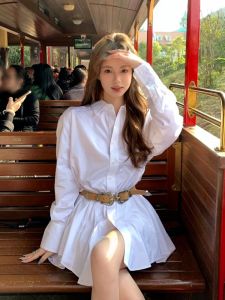 French Style Long Sleeve White Shirt Dress Womens Autumn Design Slimming Short Skirt Waist Cinched Casual Pure Color Polyester Fiber