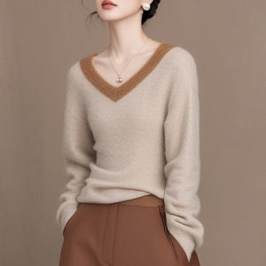 เรียบหรู แคชเมียร์ เสื้อสเวตเตอร์ถัก ผู้หญิง ฤดูใบไม้ร่วง ฤดูหนาว แขนยาว คอวี แฟชั่น หรูหรา เสื้อเชิ้ตความรู้สึกระดับไฮเอนด์อันเป็นเอกลักษณ์