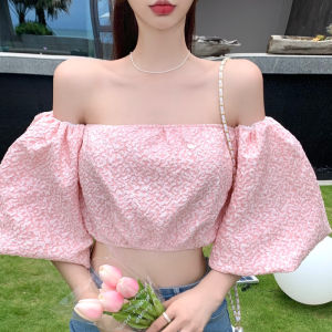 Trendy Vacation Short Sleeve One Shoulder Pure Color Slim Fit Shirt Womens Bubble Sleeve Print Commute Style Fashionable Top