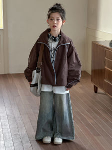 MPW | Girls Jacket Waist-Cinching Stand Collar Spring/Autumn Fashionable Korean Style Coffee Color Top For Medium And Large Children