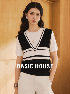 Basic House | Black Illusion Layered V-Neck Short Sleeve Lace Hollow Knit Top