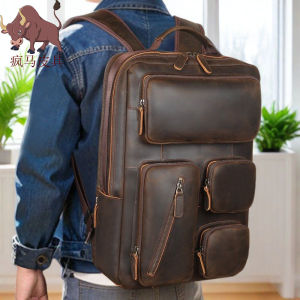 Tiding Mens Genuine Leather Backpack Large Capacity Outdoor Travel Bag with Pull Rod Strap American Retro Style Business Bag