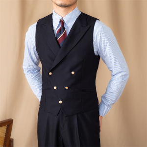 Mr. Deer Three Commuter Dinner Party Style Mens Suit Vest British Navy Blue Sleeveless Shoulder Pad Vest Double Button Vest