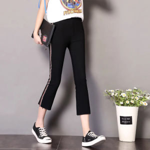 Summer Thin Korean Style Womens Casual Pants Striped Eighteen Elastic Slimming Small Black Pants High Waist Base Layer Pants
