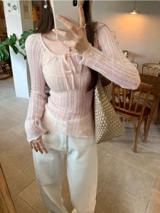 Pink Hollow out Long Sleeve Knitted Shirt Womens Slim Fit Inner Shirt Gentle Style Daily Wear round Neck Pullover Top
