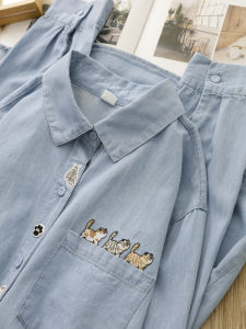 Artistic Cute Embroidered Pocket Cat Denim Long Sleeve Shirt Jacket Womens Fashion Autumn New Arrival Cotton Blend Loose Fit