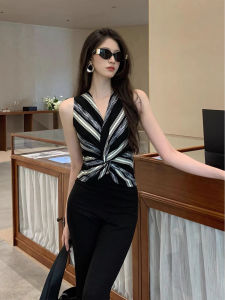 chaqi | French Chic Shoulder Bared V-Neck Strapless Vest Womens Summer Slim Fit Unique Beautiful Top Asymmetric Commute Style Striped