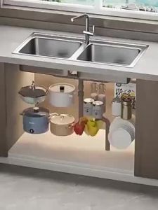 NINI Kitchen Storage Rack Carbon Steel Organizer Shelf Adjustable Under Sink Cabinet Rack with Multi Layer Design for Pots Bottles