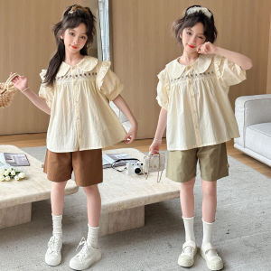 Girl Fashionable Summer Clothing 2024 New Fashionable Childrens Peter Pan Collar Short Sleeve Tops High Waist Shorts Korean Set