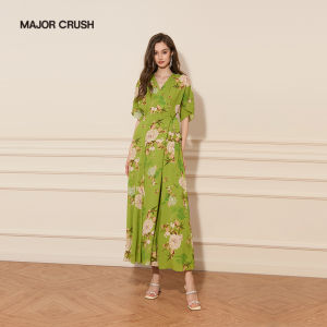Slim Elegant French Holiday Green Floral Maxi Dress