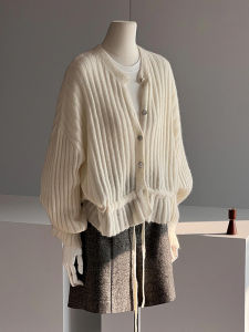 Chao Level Recommendation! Minimalist Chic Korean Style Beige round Neck Knitted Sweater Women Soft Cozy Long Sleeve Cardigan