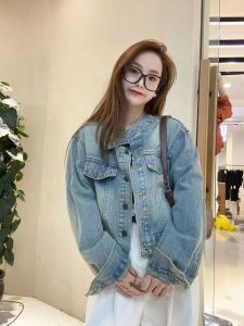 Washed Denim Short Jacket Womens Spring Autumn Loose Fashionable Stand Collar Vintage Style Top Coat Single Button Closure