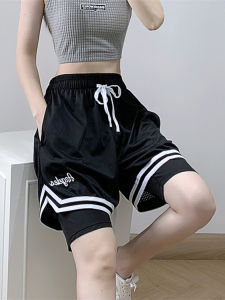 American Basketball Shorts Female Fake Two-Piece Student Sports Training Belt Lining Four Points Casual Running Sports Girls Middle Pants