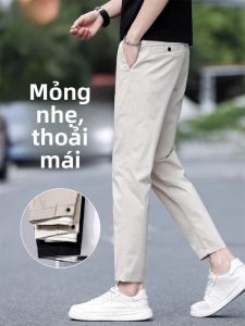 ROMON | Quần âu nam Lormen mùa hè mỏng lụa băng ống đứng quần tây công sở màu trắng sữa quần dài chín điểm thời trang thường ngày