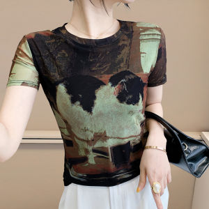 REHIN European Style Tie-Dye Unique Prints Mesh Short Sleeve T-Shirt Women Summer Slim Fit Round Neck Fashion Top(S-3XL)