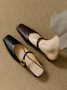 French Retro Genuine Leather Gold Buckle Closed Toe Mary Jane Semi-Slipper Sandals Womens Summer All-Matching Outer Wear Thick Low Heel Back Open Shoes