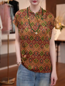 QINGNAER | Traditional Plus Size Slimming Women Blouse Short Sleeve