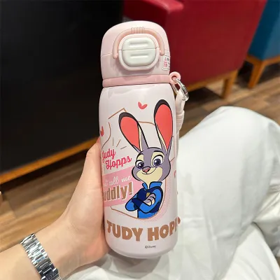 MANJING | กระติกน้ำเด็กแบบมีหลอด ลาย Zootopia (เช่น จูดี้ นิค) เก็บอุณหภูมิได้ ปลอดภัย ไม่หก ดีไซน์น่ารัก ใส่กระเป๋าไปโรงเรียนได้
