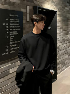 เสื้อยืดคอกลมแขนยาวบุขนแกะสีดำสำหรับผู้ชาย ทรงหลวม ทรงลำลอง ฤดูใบไม้ร่วง/ฤดูหนาว เสื้อชั้นในสำหรับผู้ชาย