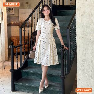 Đầm thiết kế BEMINE cổ tròn họa tiết chấm bi dáng chữ A phù hợp đi làm-MT11067